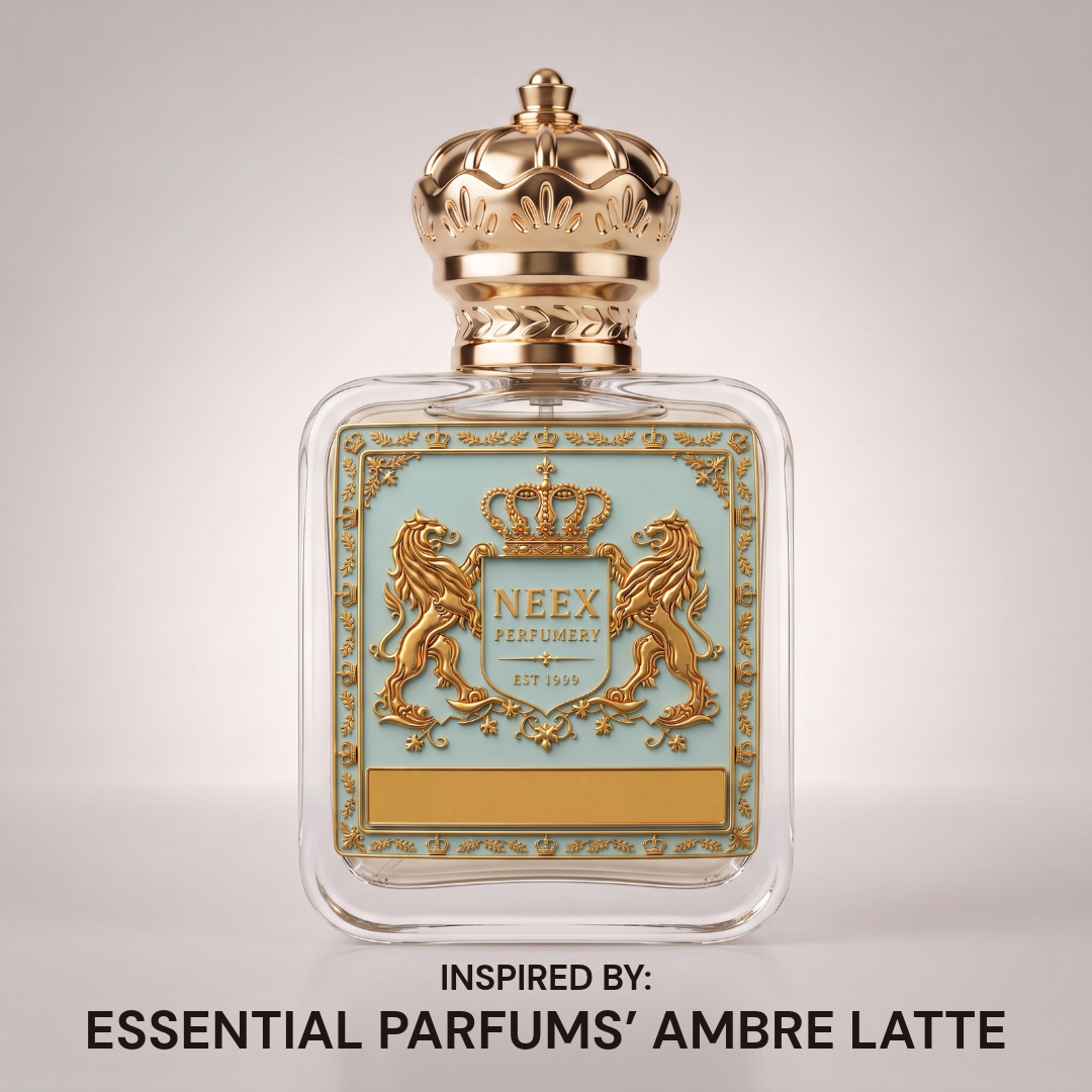 Neex Perfumery luxury perfume bottle featuring a gold crown cap and pastel blue crest label, showcased cleanly against a neutral gradient studio background.   