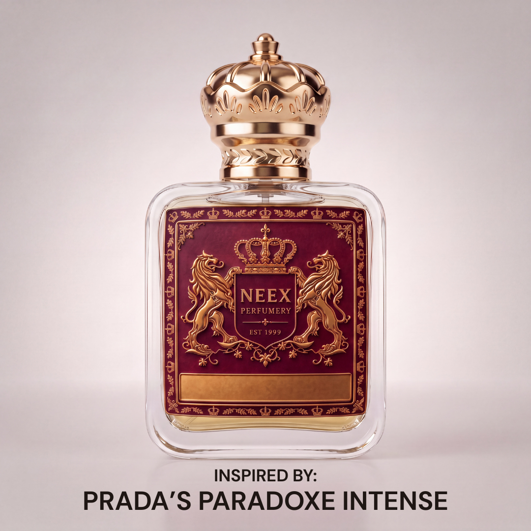 Neex Perfumery luxury perfume bottle featuring a gold crown cap and deep burgundy crest label, displayed cleanly against a neutral gradient studio background.   