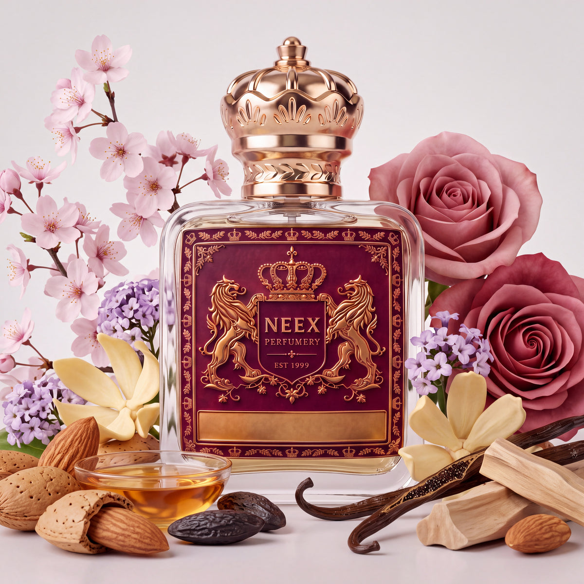 Neex Real Blossom fragrance bottle displayed with raw notes of cherry blossoms, dusty pink roses, ylang-ylang petals, almonds, a bowl of honey liqueur, tonka beans, vanilla pods, and sandalwood.