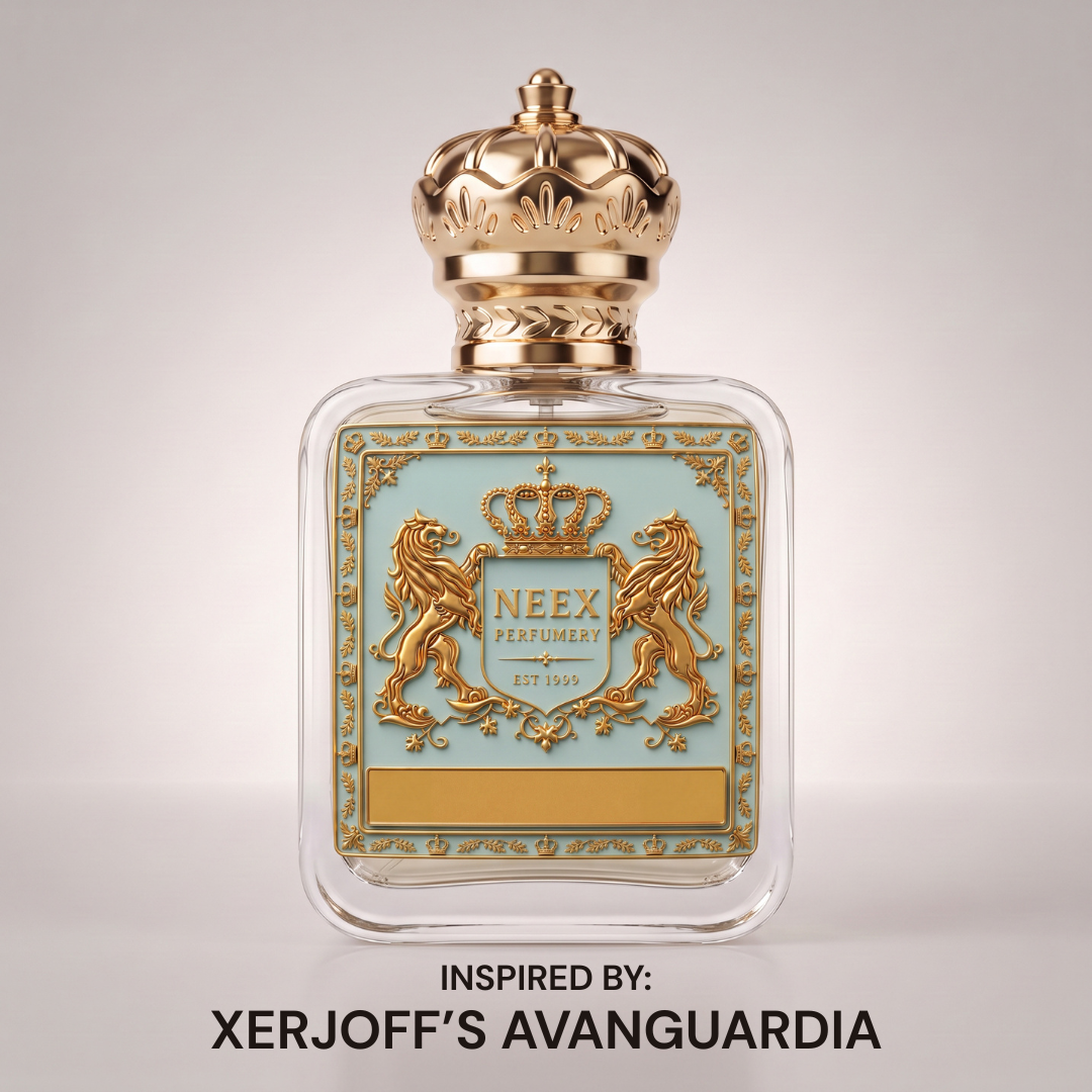 Neex Perfumery perfume bottle featuring a gold crown cap and light duck-egg blue crest label, centered against a clean, soft off-white studio background with text below reading "INSPIRED BY: XERJOFF'S AVANGUARDIA".
