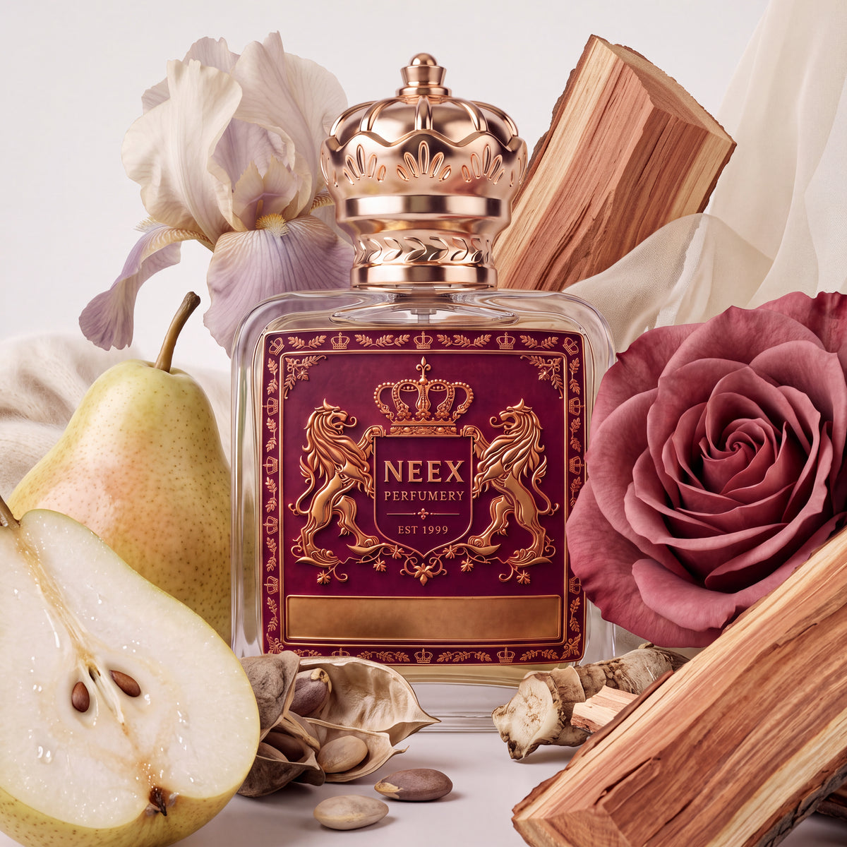 Neex Relief fragrance bottle artfully displayed with juicy sliced and whole green pears, soft dusty-pink roses, delicate iris flowers, ambrette seed pods, cedarwood blocks, and blonde wooden accents.