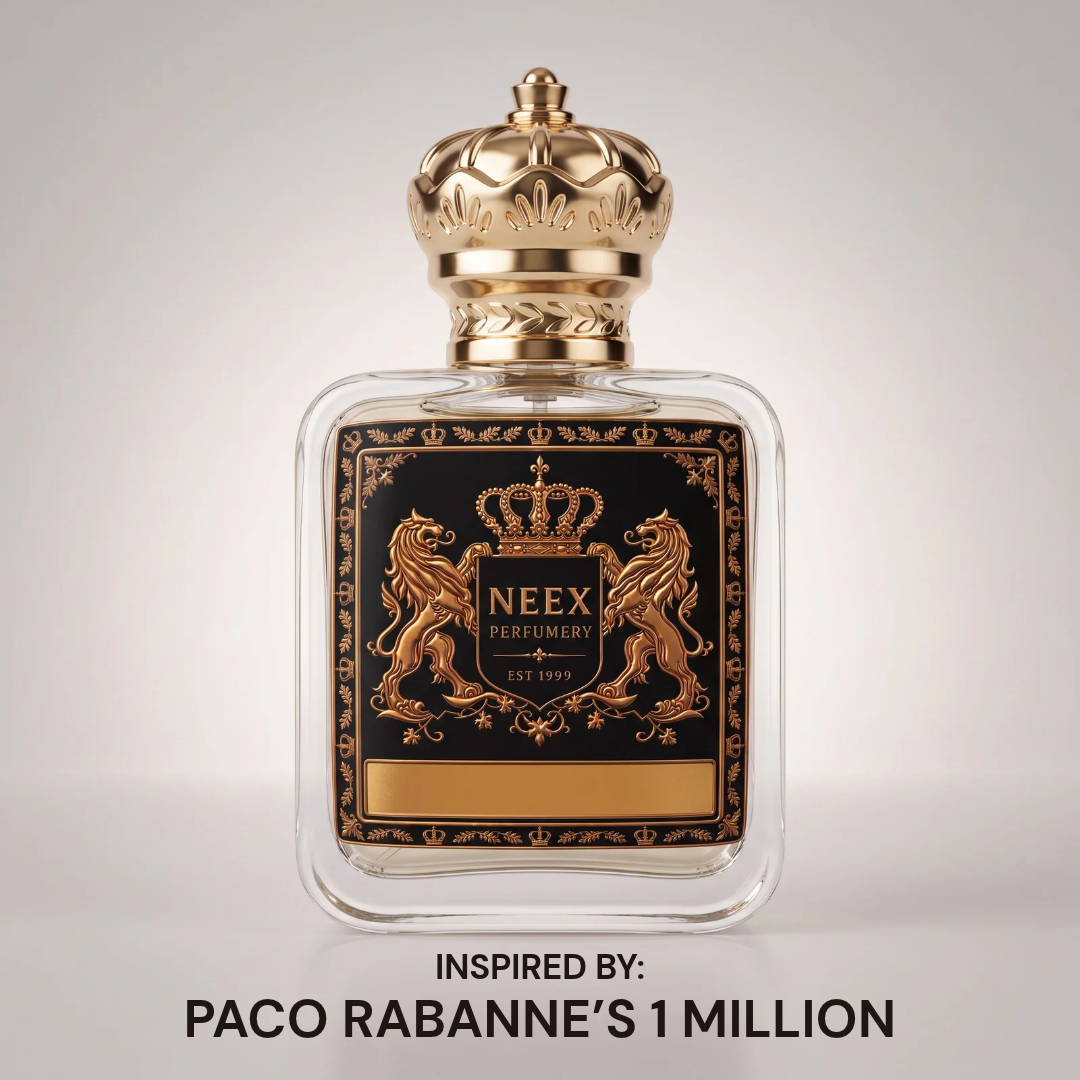 Neex Perfumery luxury perfume bottle featuring a gold crown cap and deep black crest label, displayed cleanly against a neutral gradient studio background.   