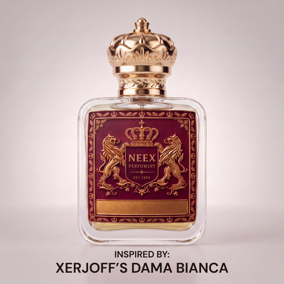 Neex Perfumery perfume bottle featuring a gold crown cap and deep burgundy crest label, centered against a clean off-white studio background with text below reading "INSPIRED BY: XERJOFF'S DAMA BIANCA".   