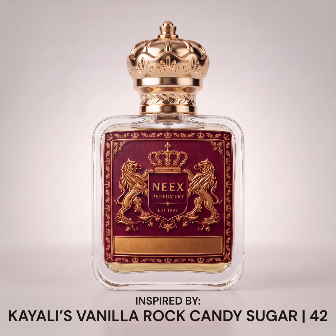 Neex Perfumery luxury perfume bottle with gold crown cap and deep burgundy crest label, inspired by Kayali's Rock Candy Sugar | 42, set against a clean white background.   