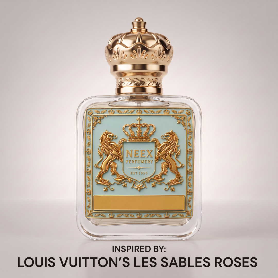 Neex Perfumery Neex Rosarium perfume bottle featuring a gold crown cap and light duck-egg blue crest label, displayed against a clean, neutral studio background with text below indicating it is inspired by Louis Vuitton's Les Sables Roses.