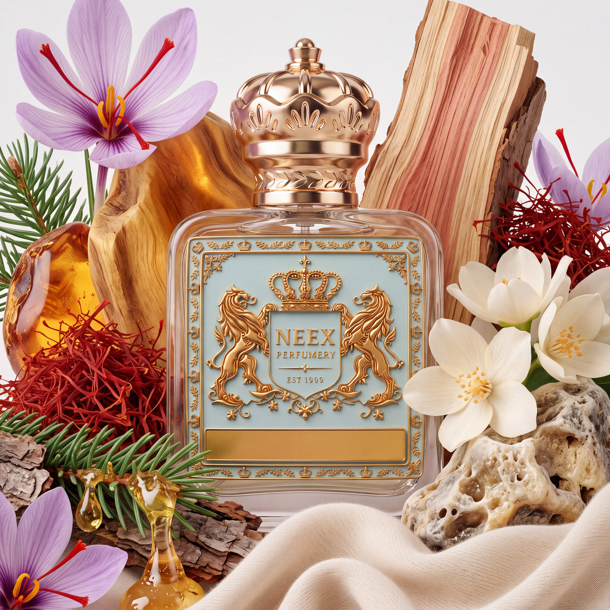 Neex Rouge fragrance bottle styled in an ingredient flat-lay featuring purple saffron crocus flowers, loose crimson saffron threads, white jasmine blossoms, fresh fir sprigs, warm amber pieces, cedarwood blocks, and ambergris elements.