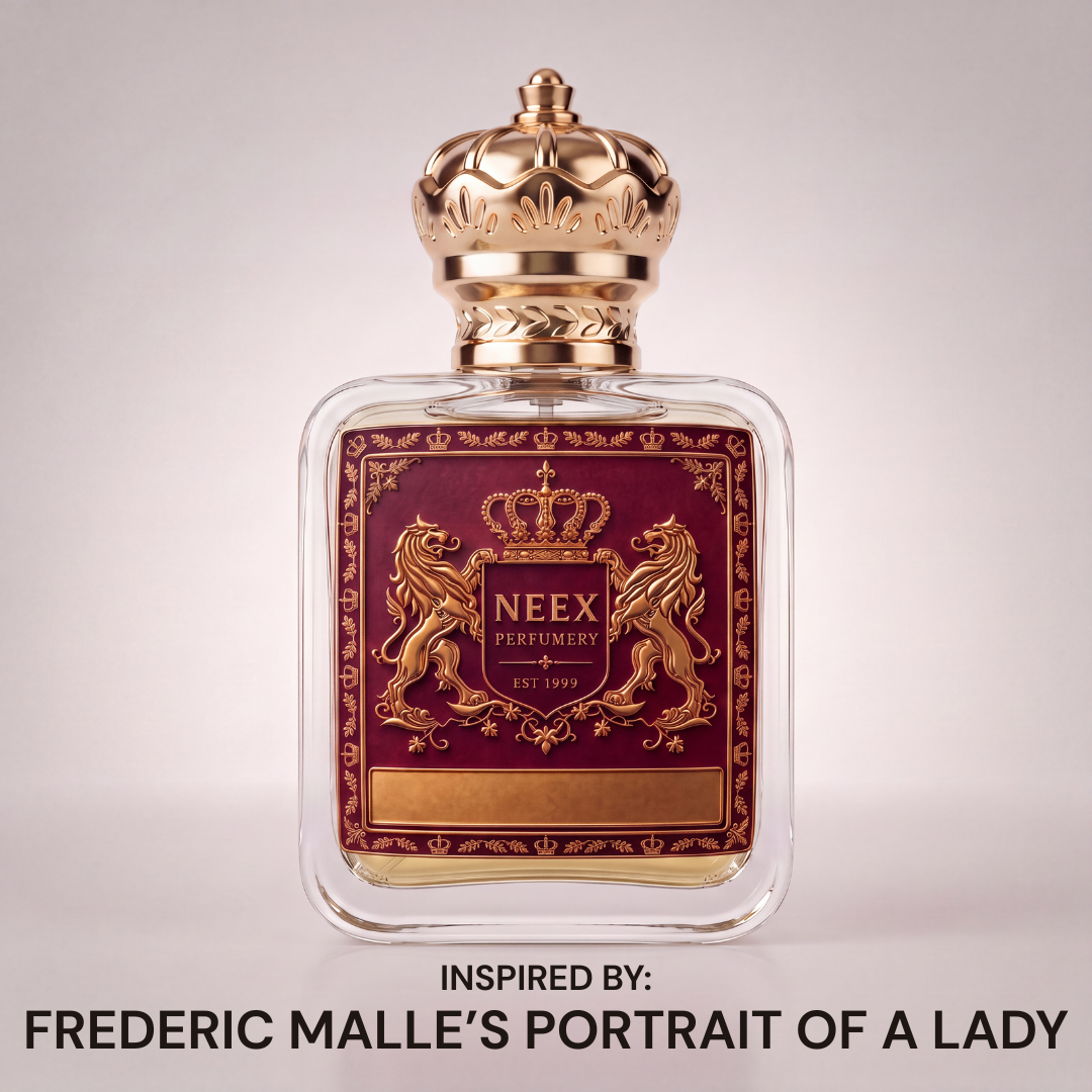 Neex Perfumery luxury perfume bottle featuring a gold crown cap and deep burgundy crest label, displayed cleanly against a neutral gradient studio background.   