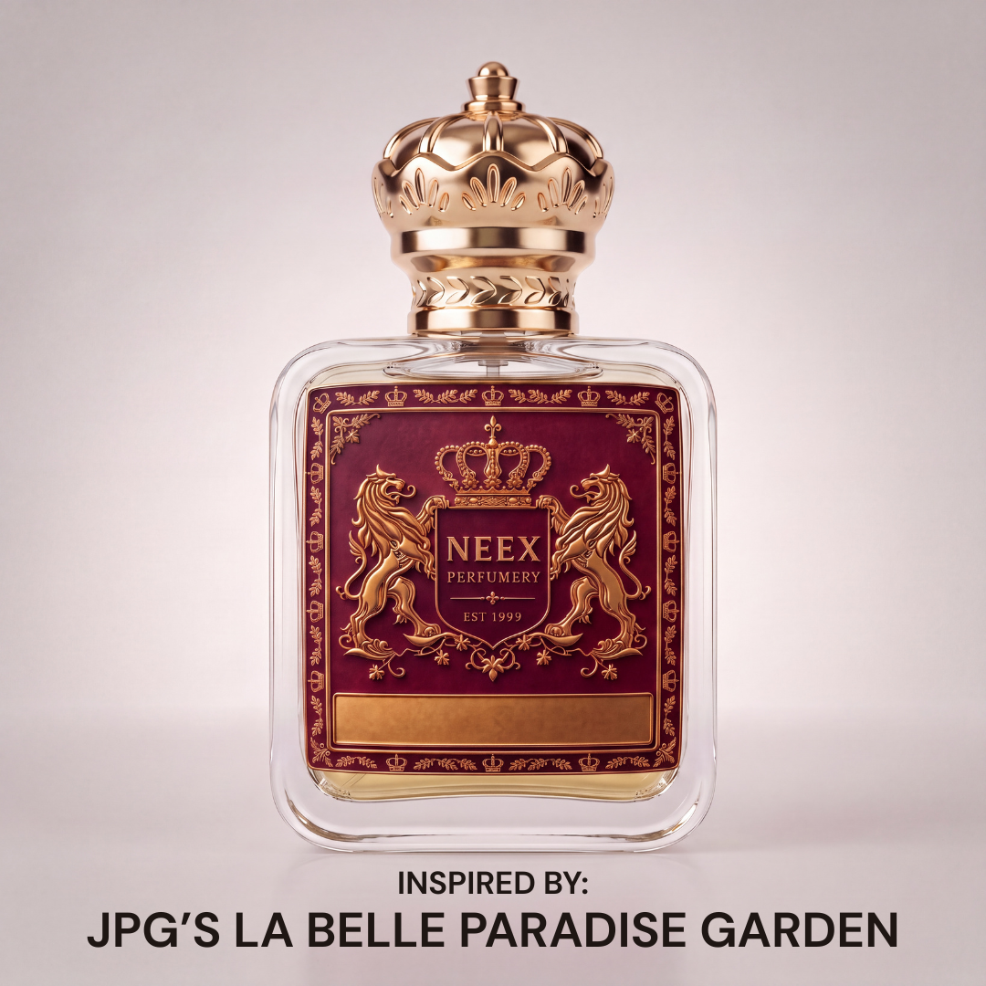 A luxury perfume bottle with a clear glass body, golden crown cap, and a deep burgundy label featuring gold lion and crown motifs. The label reads 'NEEX PERFUMERY EST.