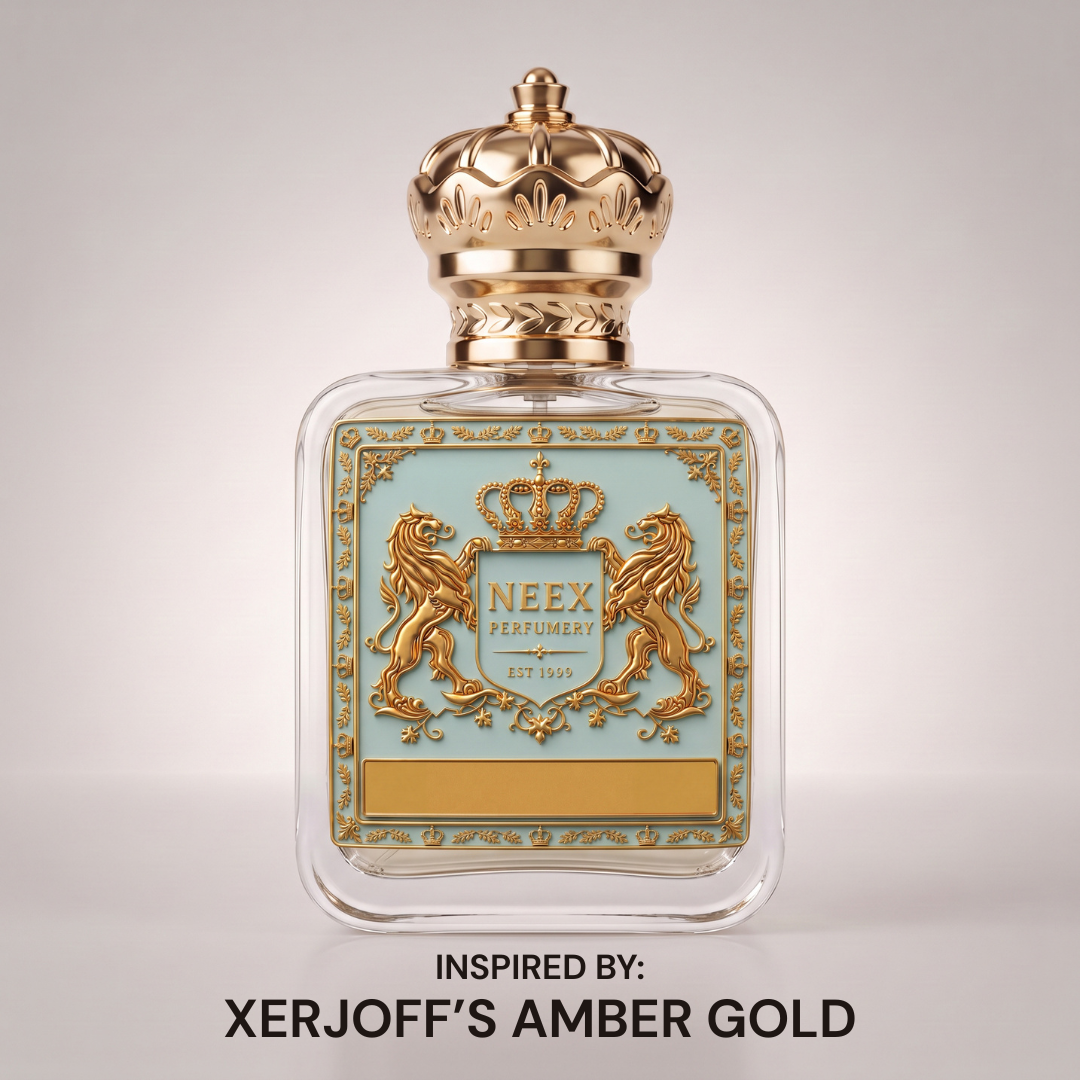 Neex Perfumery perfume bottle featuring a gold crown cap and light duck-egg blue crest label, centered against a clean off-white studio background with text below reading "INSPIRED BY: XERJOFF'S AMBER GOLD".   