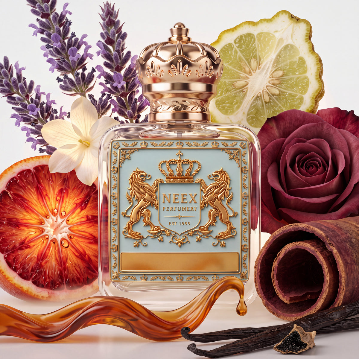 Neex Perfumery fragrance bottle with light duck-egg blue crest label, styled in an ingredient flat-lay featuring a sliced blood orange, bergamot, lavender sprigs, a white jasmine blossom, dark red rose, cinnamon sticks, caramel swirl, and vanilla beans.