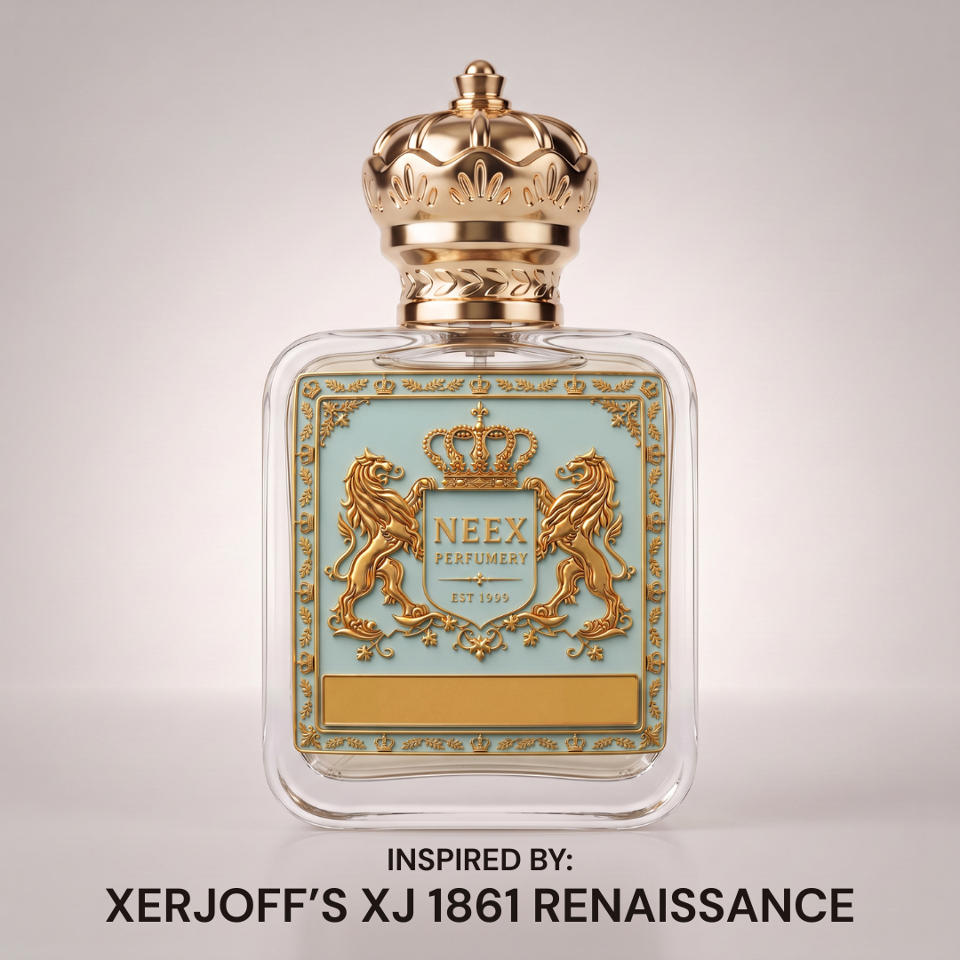 Neex Perfumery perfume bottle featuring a gold crown cap and light duck-egg blue crest label, centered against a clean, soft off-white studio background with text below reading "INSPIRED BY: XERJOFF'S XJ 1861 RENAISSANCE".