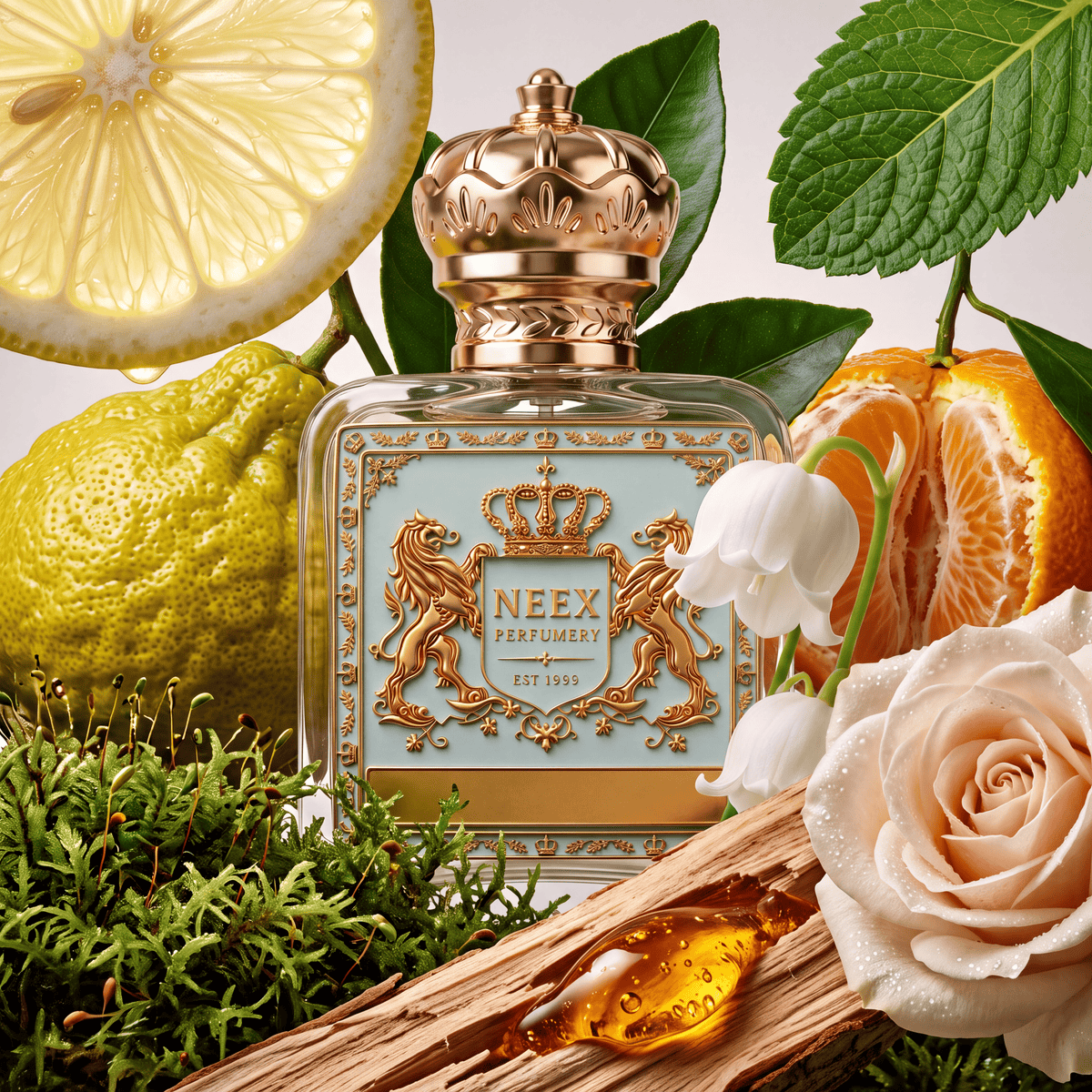 Neex Perfumery fragrance bottle with a light duck-egg blue crest label, styled in an ingredient flat-lay with juicy mandarin oranges, whole and sliced lemons, green mint leaves, delicate lily of the valley, soft white rose, lush green moss, and cedarwood with amber droplets.