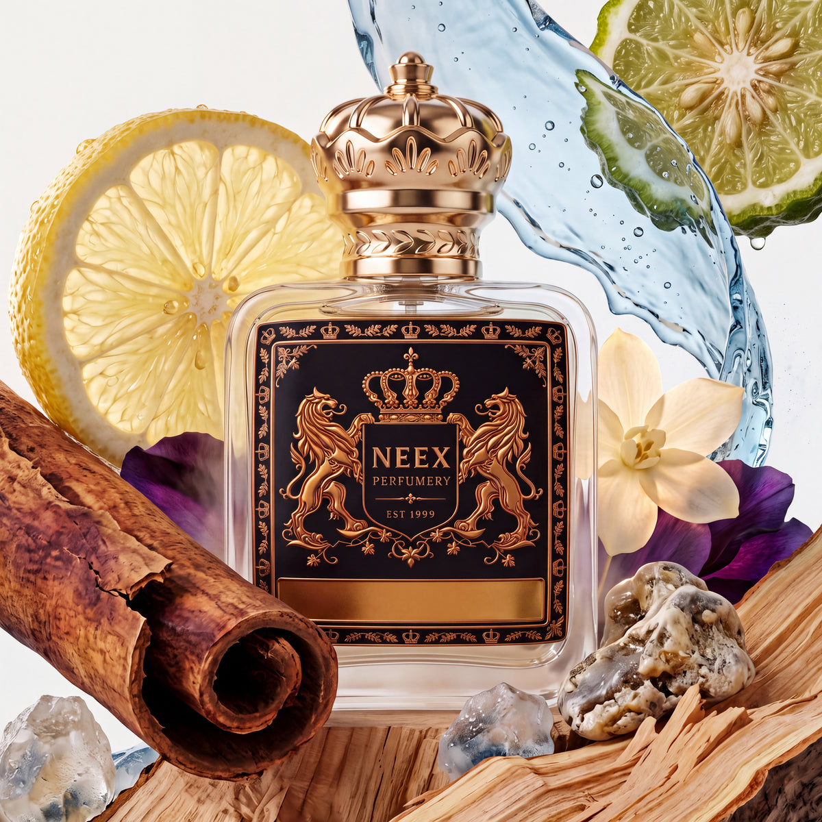 Neex Perfumery fragrance bottle with a black crest label, styled in an ingredient flat-lay featuring splash of fresh water, lemon and bergamot slices, cinnamon bark, white jasmine flower, purple petals, driftwood, sea salt crystals, and ambergris stones.