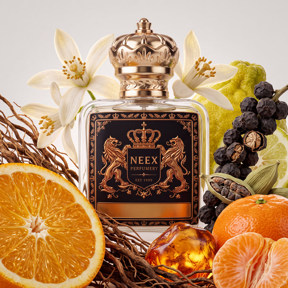 Neex Tektite fragrance bottle styled in an ingredient flat-lay featuring sliced orange and mandarin segments, whole bergamot, neroli/orange blossoms, dried java vetiver roots, dark pepper berries, cardamom pods, and polished amber pieces.