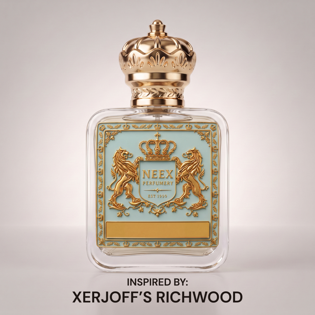 Neex Perfumery perfume bottle with a gold crown cap and light duck-egg blue crest label, centered against a soft off-white studio background with text below reading "INSPIRED BY: XERJOFF'S RICHWOOD".