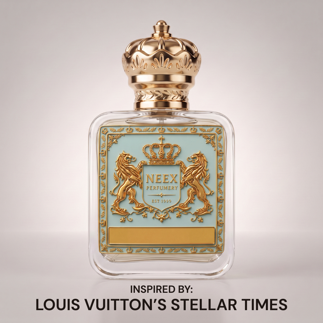 Neex Perfumery Neex Universe perfume bottle featuring a gold crown cap and light duck-egg blue crest label, displayed against a clean, neutral studio background with text below indicating it is inspired by Louis Vuitton's Stellar Times.