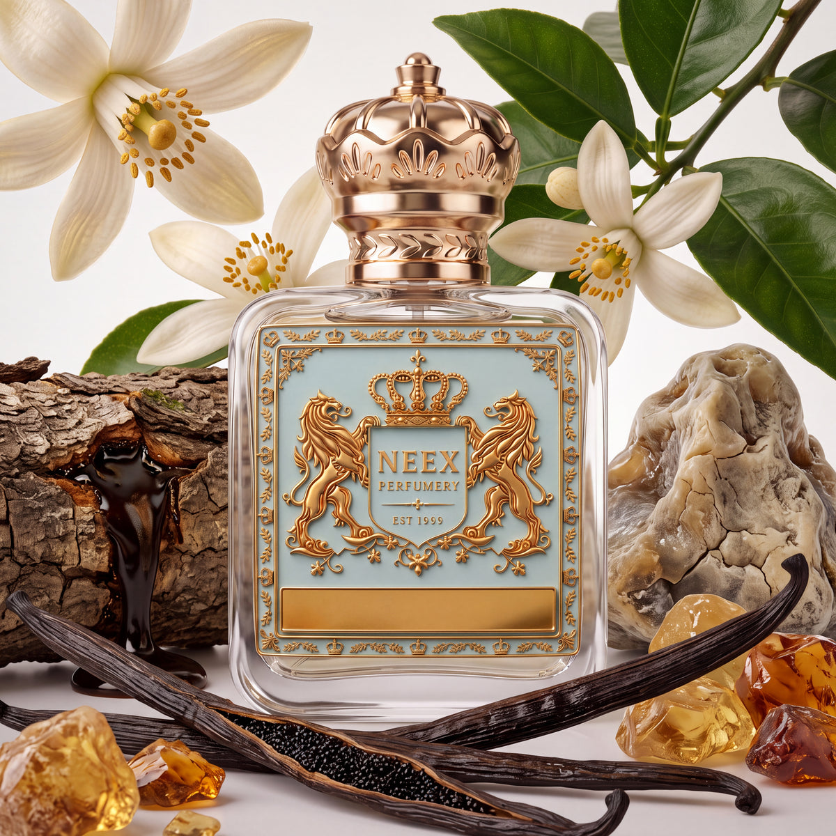 Neex Universe fragrance bottle styled in an ingredient flat-lay featuring whole vanilla pods split open to reveal seeds, rich balsam resin oozing from tree bark, delicate orange blossoms, amber resin stones, and gray ambergris rocks.