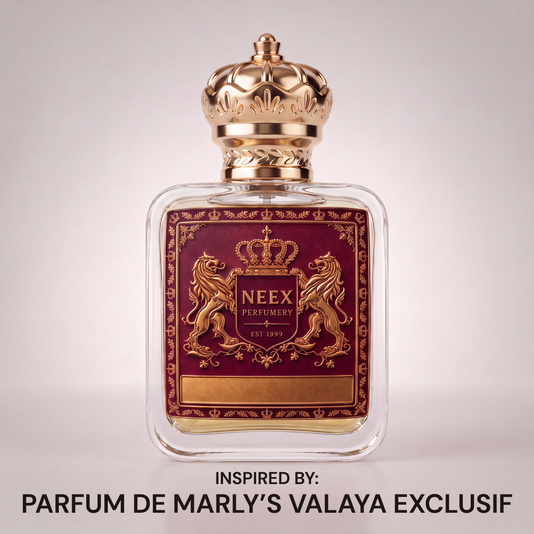 Neex Perfumery Neex Veloria perfume bottle featuring a gold crown cap and deep plum crest label, displayed against a clean, neutral studio background with text below indicating it is inspired by Parfums de Marly's Valaya Exclusif.