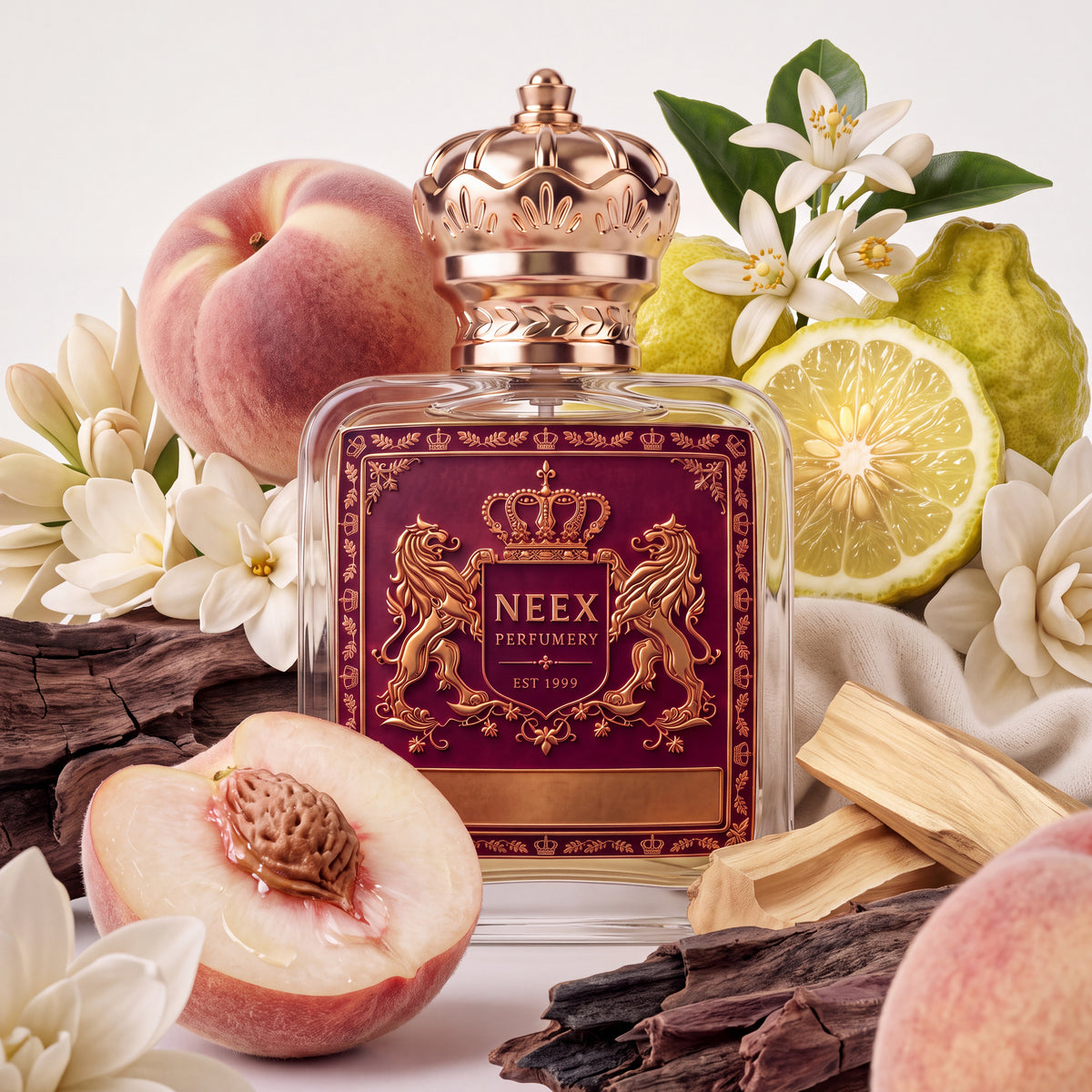 Neex Veloria fragrance bottle styled among fresh white peach halves and whole fruits, sliced bergamot, delicate orange blossoms, white flowers, vetiver roots, and smooth akigalawood sticks.
