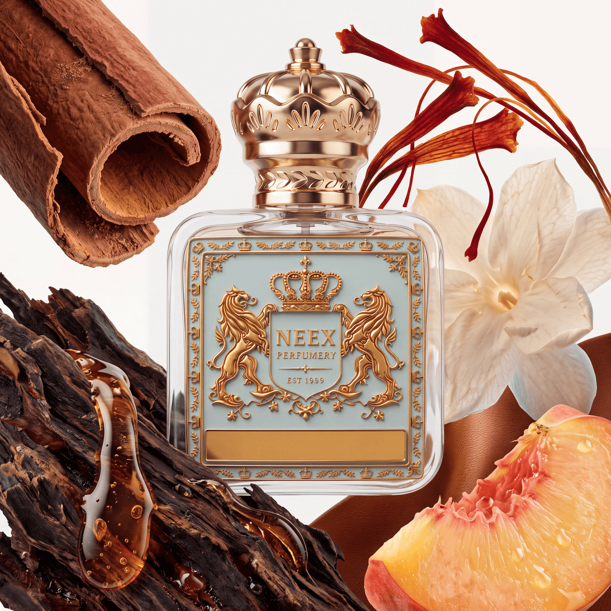 Neex Perfumery fragrance bottle with a light duck-egg blue crest label, styled in an ingredient flat-lay surrounded by a large rolled cinnamon bark stick, red saffron threads, a white jasmine flower, a juicy peach slice, and rich dark oud wood glistening with golden resin.