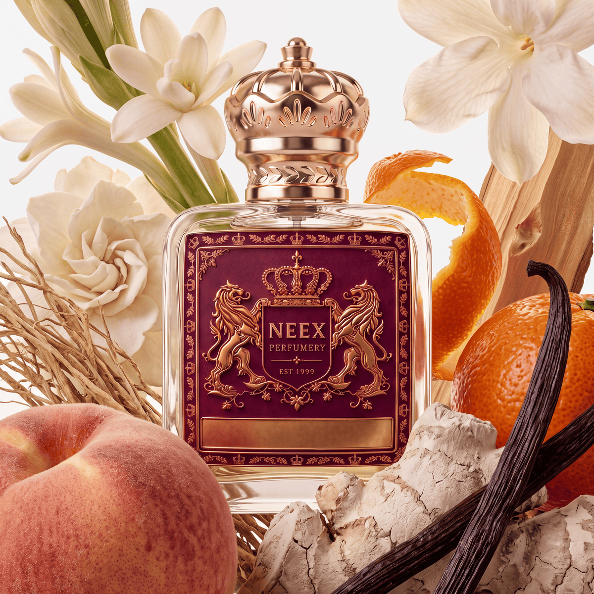 Neex Perfumery fragrance bottle featuring a deep burgundy crest label, styled within a rich ingredient arrangement featuring a ripe peach, white tuberose and gardenia blossoms, an orange peel twist, a whole orange, vanilla beans, dried roots, and smooth blonde wood blocks.