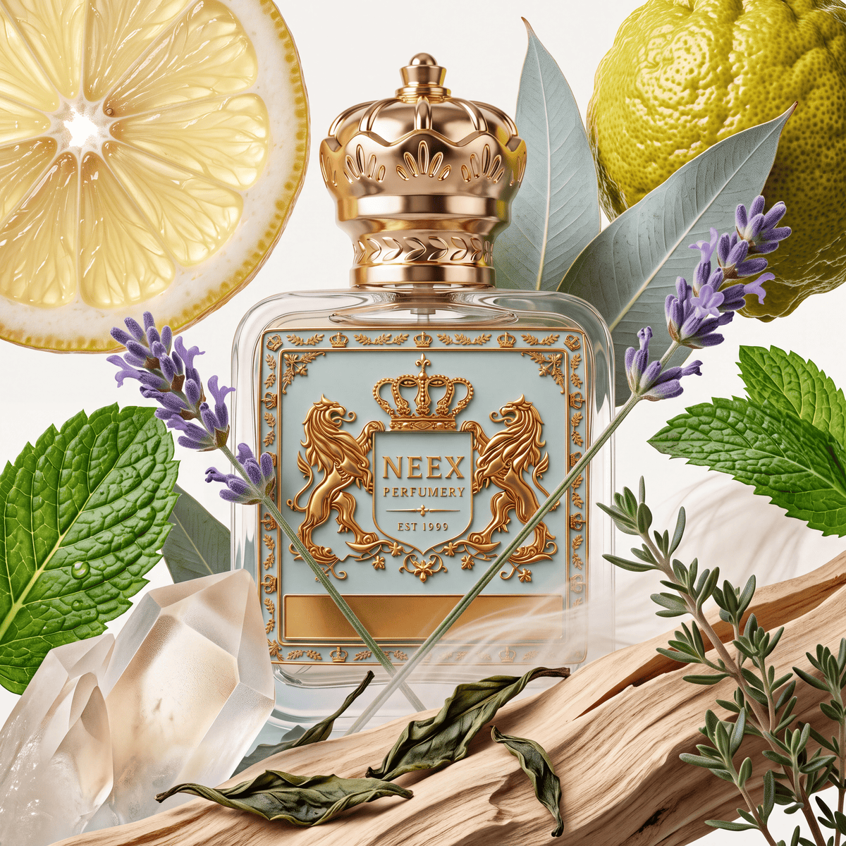 Neex Perfumery fragrance bottle with a light duck-egg blue crest label, styled in an ingredient flat-lay with fresh mint leaves, purple lavender sprigs, lemon slices, whole bergamot, clear quartz crystals, herbal thyme, and natural weathered wood.