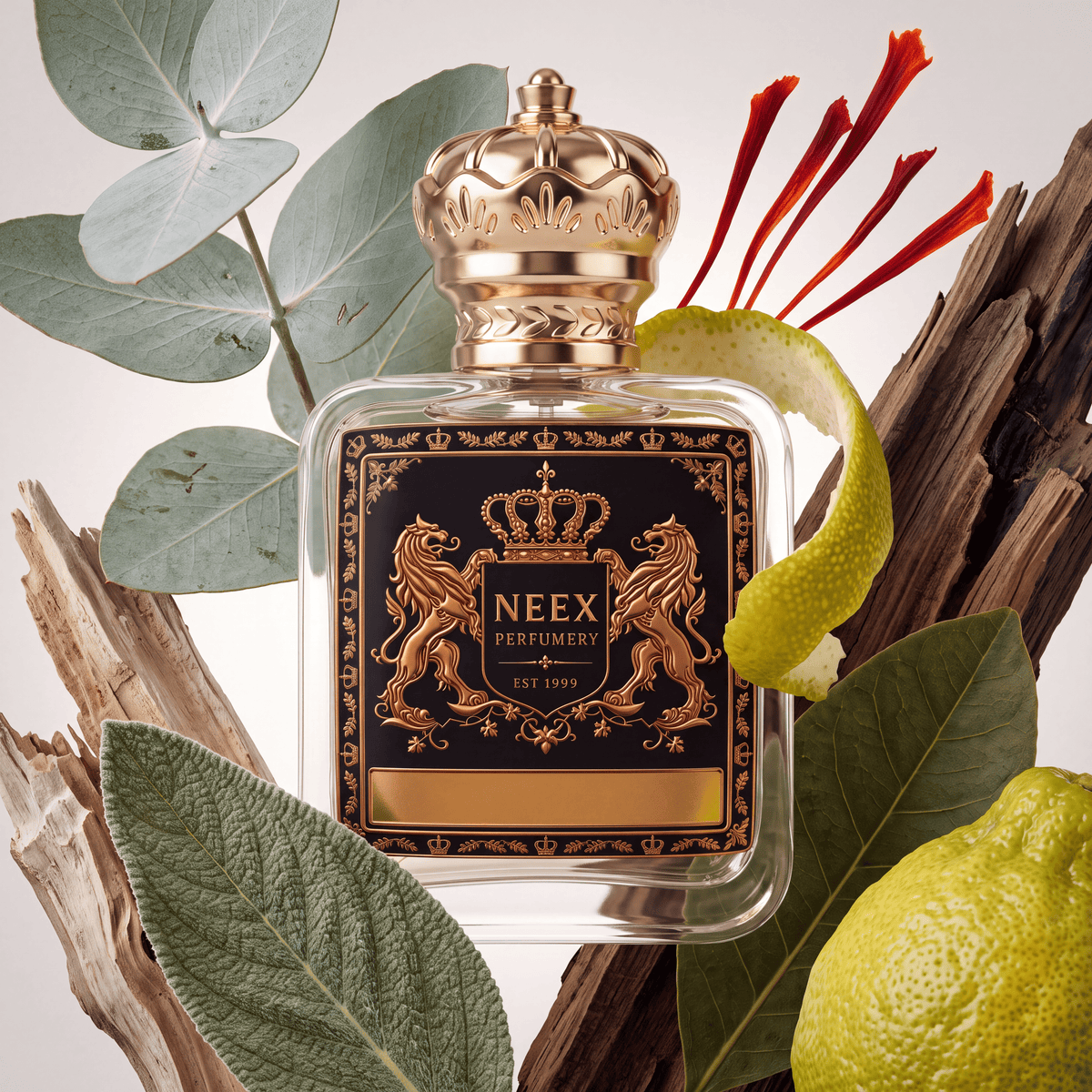 Neex Perfumery fragrance bottle featuring a black crest label, artfully framed by eucalyptus leaves, clary sage leaves, red saffron threads, a spiral of bergamot peel, a fresh whole bergamot fruit, and weathered drift wood.