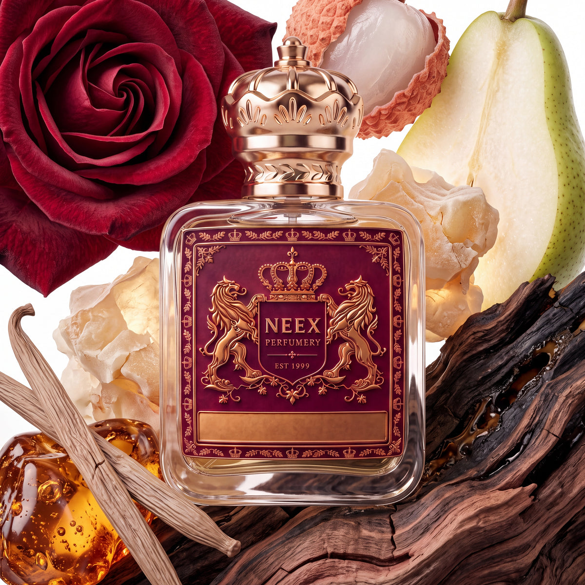 Neex Perfumery perfume bottle featuring an ornate gold crown cap and a deep burgundy crest label with gold metallic heraldry, compositionally styled alongside a velvet red rose bloom, a peeled lychee, a halved green pear, vanilla bean pods, luminous golden amber resin, translucent incense crystals, and rich weathered wood.