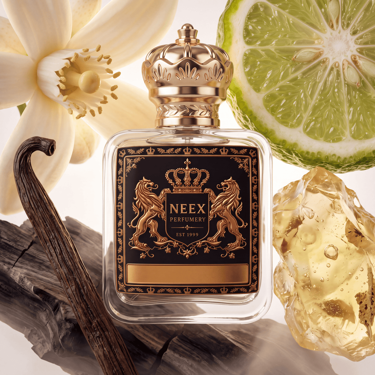 Neex Perfumery perfume bottle featuring an ornate gold crown cap and a dark black crest label with gold metallic heraldry, compositionally styled alongside a fresh slice of bergamot, a creamy white blossom, a dark curved vanilla bean pod, aged dark wood, and a large golden amber resin crystal.