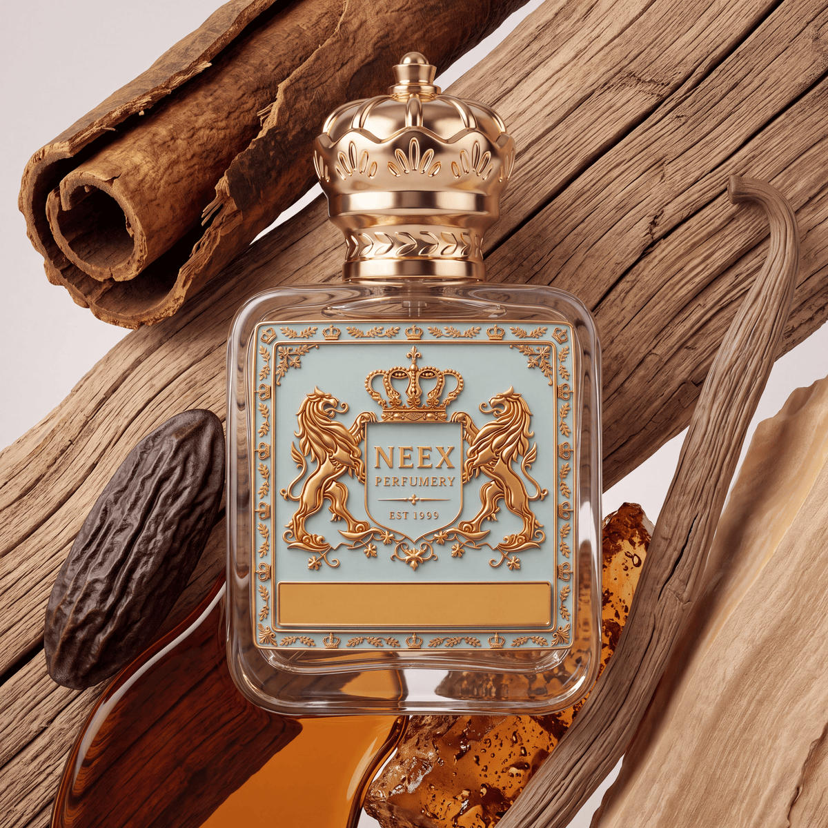 Neex Perfumery perfume bottle featuring an ornate gold crown cap and a light pastel blue crest label with gold metallic detailing, surrounded by warm gourmet note elements including a rolled cinnamon stick, a whole vanilla bean pod, a dark tonka bean, rich amber resin, a pool of golden liquid accord, and rustic weathered wood timber.   