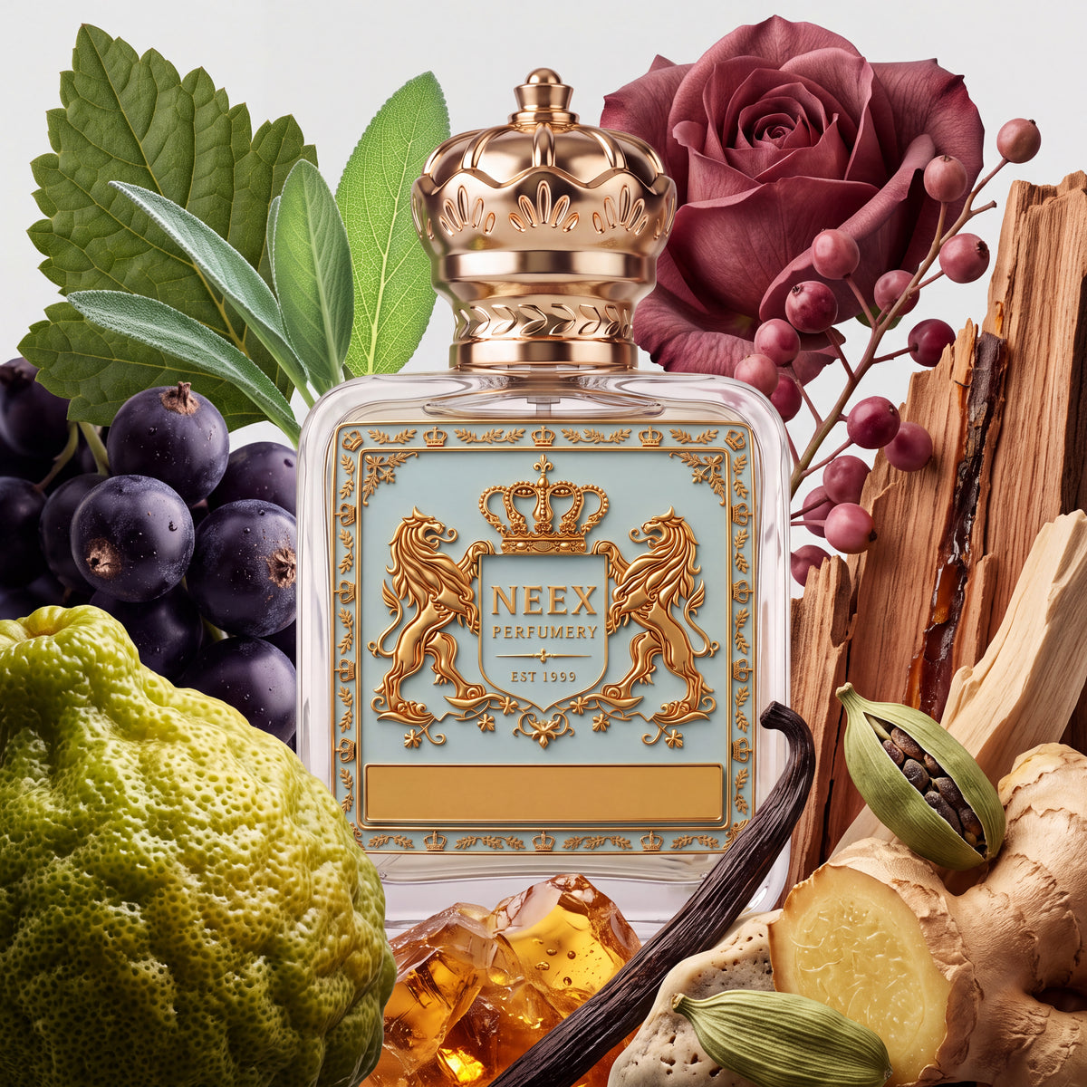 Neex Perfumery perfume bottle featuring an ornate gold crown cap and light duck-egg blue crest label, framed by a flat-lay arrangement of fresh bergamot, dark blackcurrants, green sage leaves, a deep red rose, pink peppercorns, cardamom pods, ginger root, vanilla beans, amber crystals, and aromatic cedarwood.