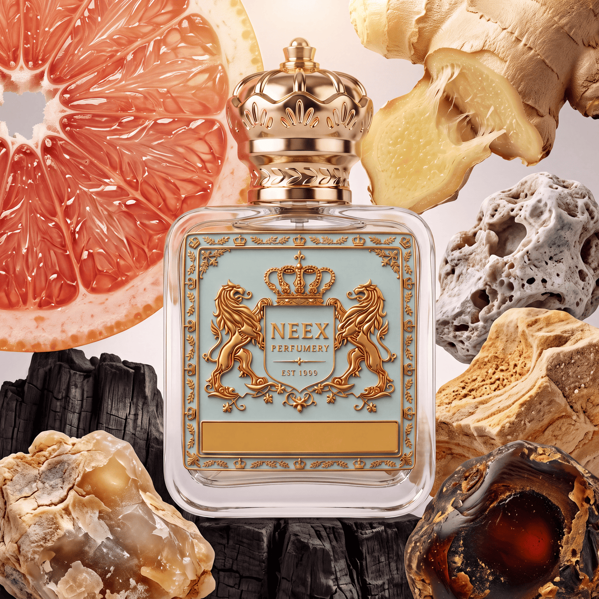 Neex Perfumery luxury perfume bottle featuring a gold crown cap and pastel blue crest label, styled with fresh sliced ruby grapefruit, raw ginger root, black charcoal, porous stone, and amber resin.   