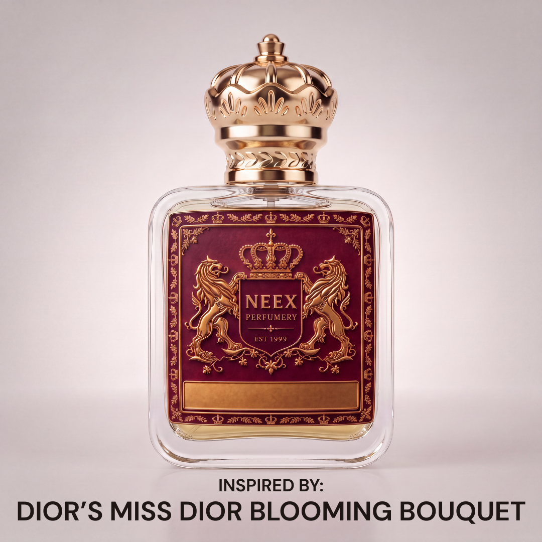 Neex Perfumery perfume bottle featuring an ornate gold crown cap and a rich burgundy crest label with gold metallic detailing, centered against a seamless studio background with text reading "INSPIRED BY: DIOR'S MISS DIOR BLOOMING BOUQUET".   