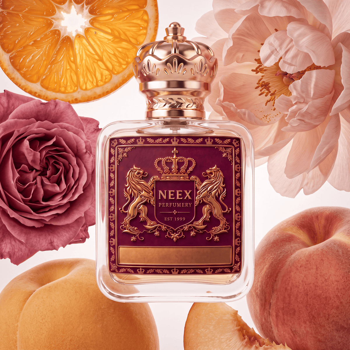 Neex Perfumery perfume bottle featuring an ornate gold crown cap and a rich deep magenta crest label with gold metallic detailing, surrounded by soft, romantic ingredients including lush whole peaches, a sliced orange, a dusty mauve-pink rose blossom, and delicate light pink peony petals.