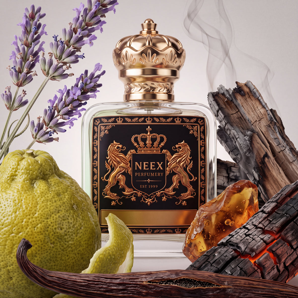 Neex Perfumery perfume bottle featuring an ornate gold crown cap and black crest label, styled in a flat-lay with fresh bergamot, lavender sprigs, dark vanilla pods, amber resin, and smoldering charred wood with rising smoke.   