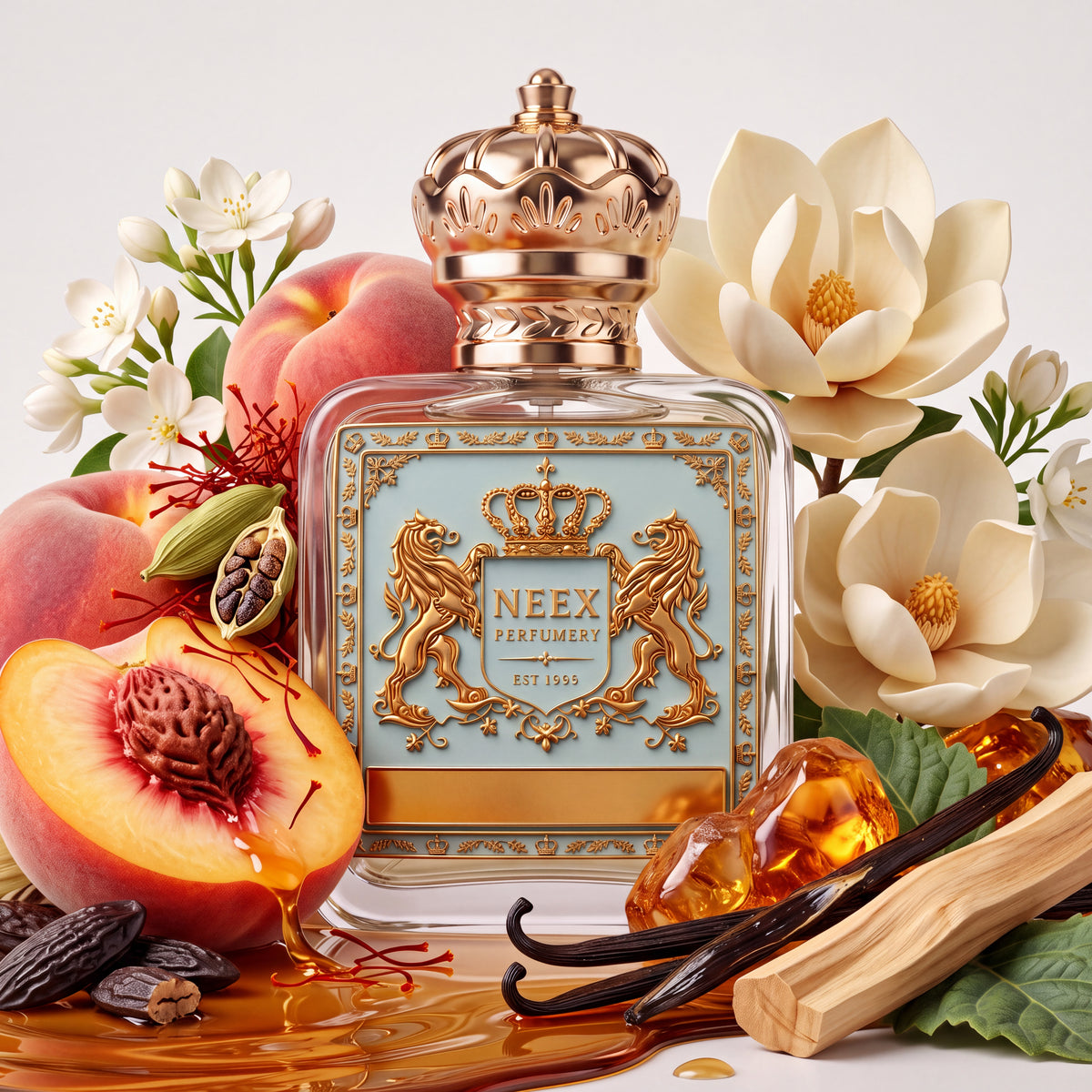 Neex Aura fragrance bottle styled alongside fresh peach halves, saffron threads, cardamom pods, white gardenia blossoms, vanilla beans, tonka beans, sandalwood sticks, and rich amber resin over a golden honey drip.