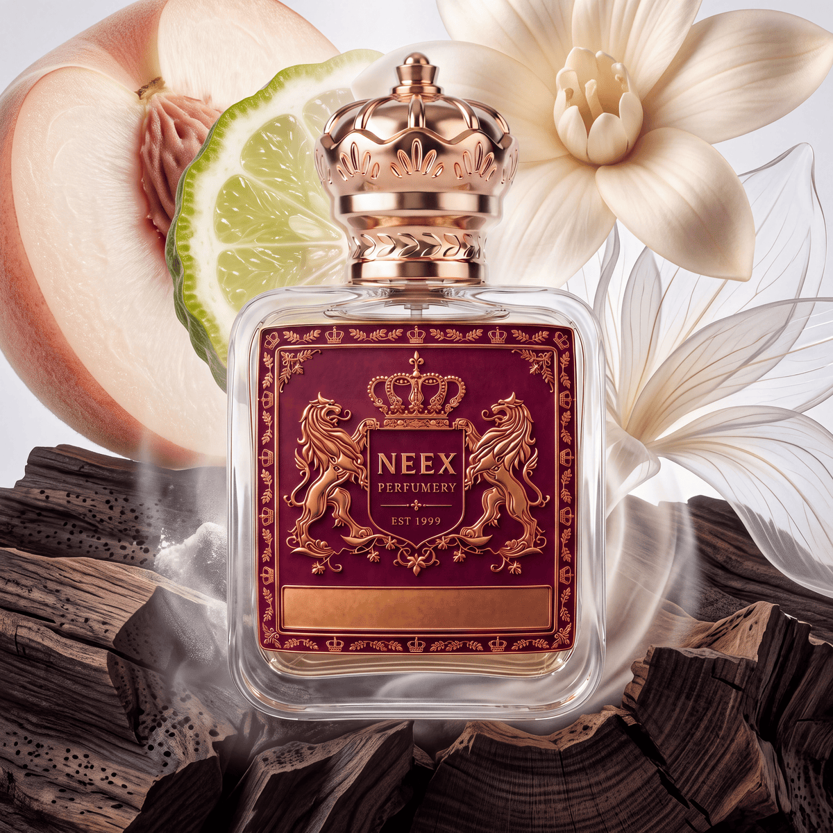 Neex Perfumery perfume bottle featuring an ornate gold crown cap and a deep burgundy crest label with gold metallic heraldry, compositionally styled alongside a halved juicy white peach, a slice of fresh bergamot, a delicate white floral blossom, translucent glass floral petals, dark charred agarwood bark, and light wisps of smoke.   