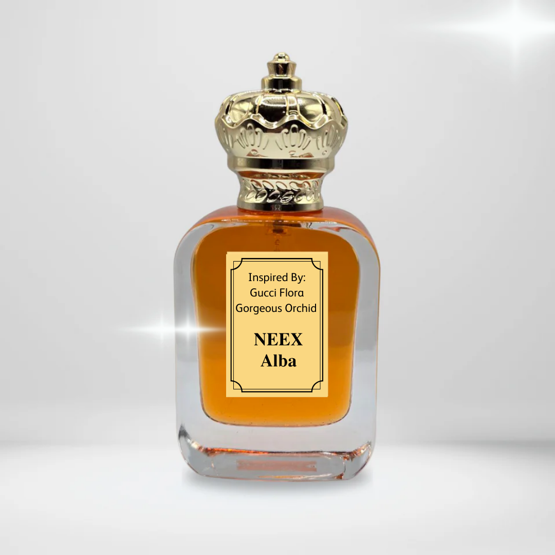 Experience NEEX Alba, inspired by Gucci Flora Gorgeous Orchid, with notes of vanilla orchid and ozonic accords. A creamy, radiant floral-gourmand fragrance.