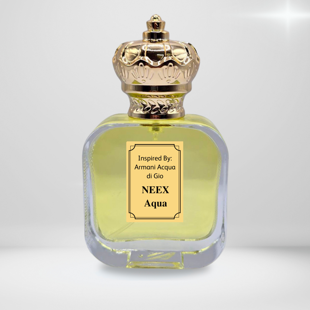NEEX Aqua – Inspired by Armani Acqua di Gio. A fresh aquatic citrus fragrance with bergamot, jasmine, and cedarwood. Perfect for seaside escapes and summer days.