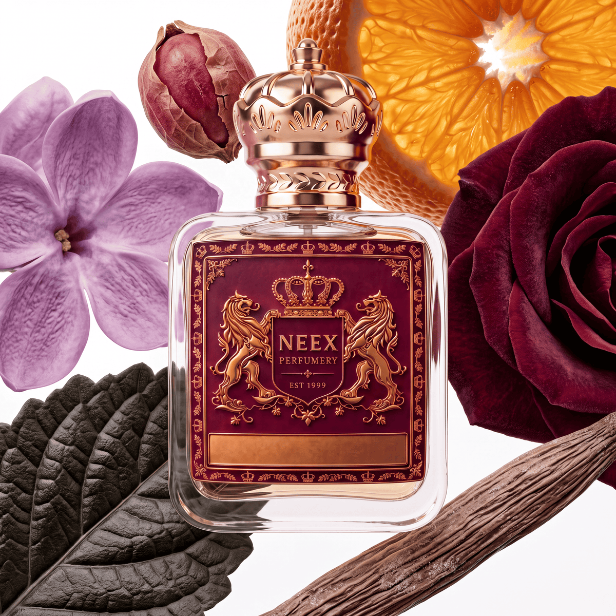 Neex Perfumery perfume bottle topped with an ornate gold crown cap and featuring a deep burgundy-red crest label with gold metallic heraldry, surrounded by a soft purple lilac blossom, a cracked nutmeg pod, a juicy sliced orange, a velvet deep crimson rose, a dark textured patchouli leaf, and cure vanilla pods.   