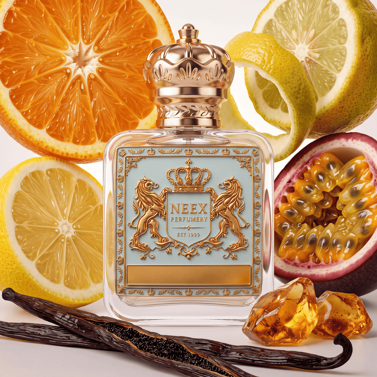 Neex Perfumery fragrance bottle with a light duck-egg blue crest label, styled in an ingredient flat-lay surrounded by bright orange slice, lemon halves and peel, sliced passionfruit, golden amber resins, and split vanilla pods.