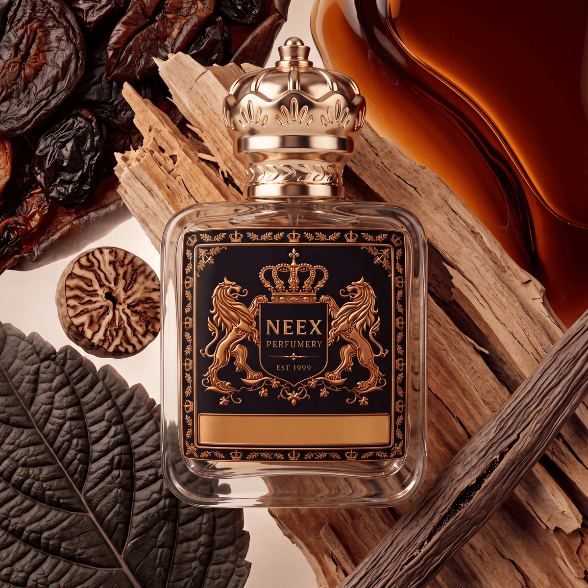 Neex Perfumery perfume bottle featuring an ornate gold crown cap and a jet-black crest label with gold metallic detailing, surrounded by accord elements including dried prunes/dates, a whole nutmeg seed cross-section, a dark textured patchouli/tobacco leaf, raw weathered timber driftwood, dried vanilla bean pods, and a pool of rich golden honey/amber liquid.   