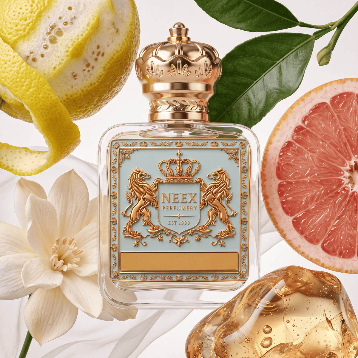 Neex Perfumery perfume bottle featuring an ornate gold crown cap and a light pastel blue crest label with gold metallic detailing, surrounded by a peel of yellow bergamot, a slice of ruby red grapefruit, citrus leaves, a white gardenia blossom, translucent golden amber resin, and soft white silk fabric.