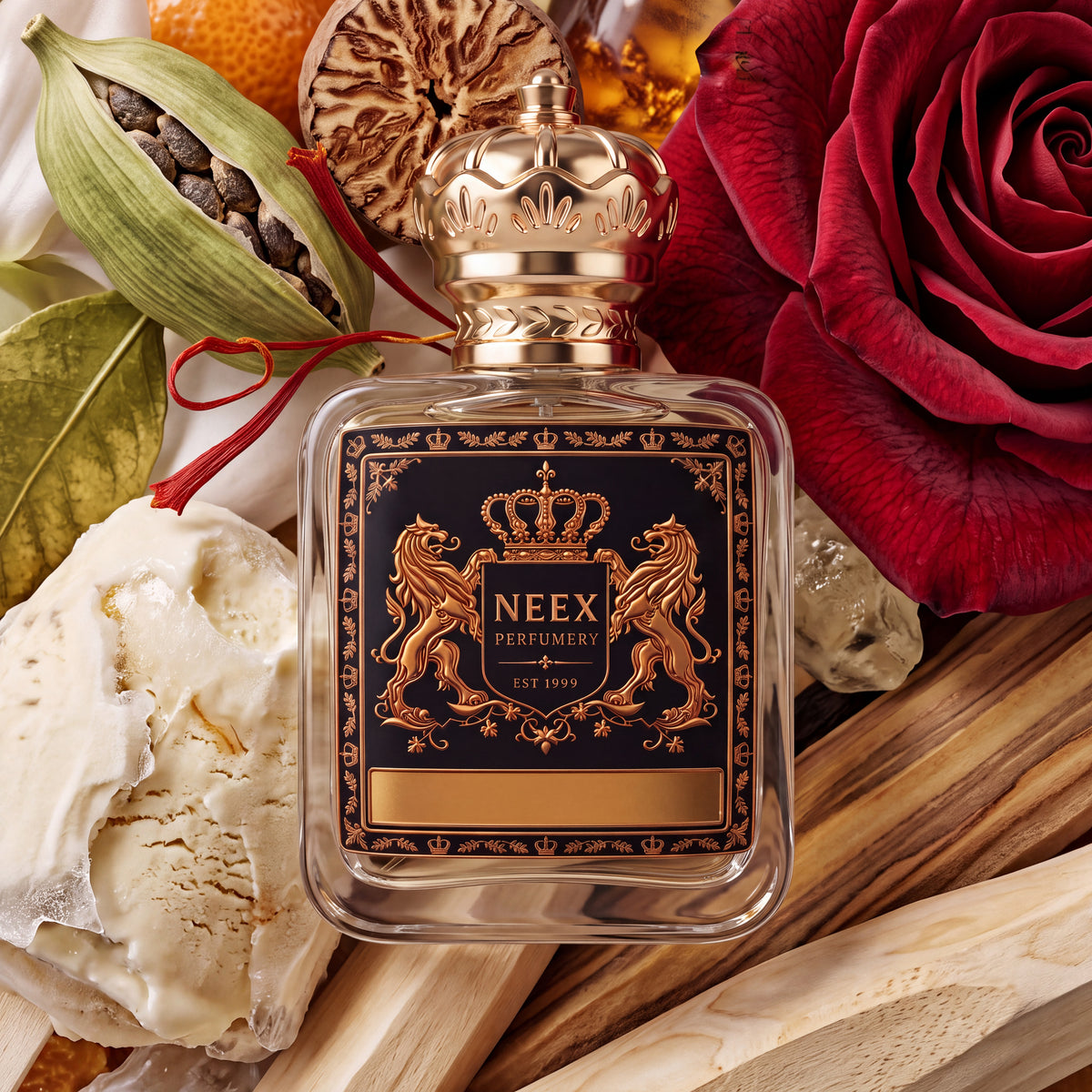 Neex Perfumery luxury perfume bottle featuring a gold crown cap and deep black crest label, styled with a green cardamom pod, sliced nutmeg, a deep red rose bloom, creamy vanilla accord, and light wood grain.   