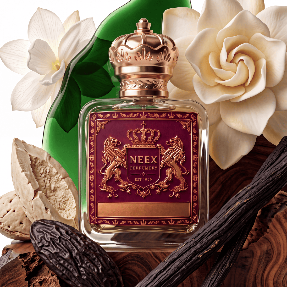 Neex Perfumery perfume bottle with an ornate gold crown cap and deep burgundy red crest label, framed by white jasmine blossoms, tonka beans, split vanilla pods, cracked nutmeg shells, and deep green leaves.   