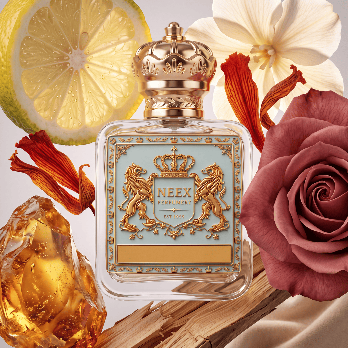 Neex Perfumery perfume bottle featuring an ornate gold crown cap and a light pastel blue crest label with gold metallic detailing, surrounded by a vibrant lemon slice, delicate saffron threads, a soft white blossom, a dusty rose flower, warm glowing amber resin, and natural light wood block accents.   