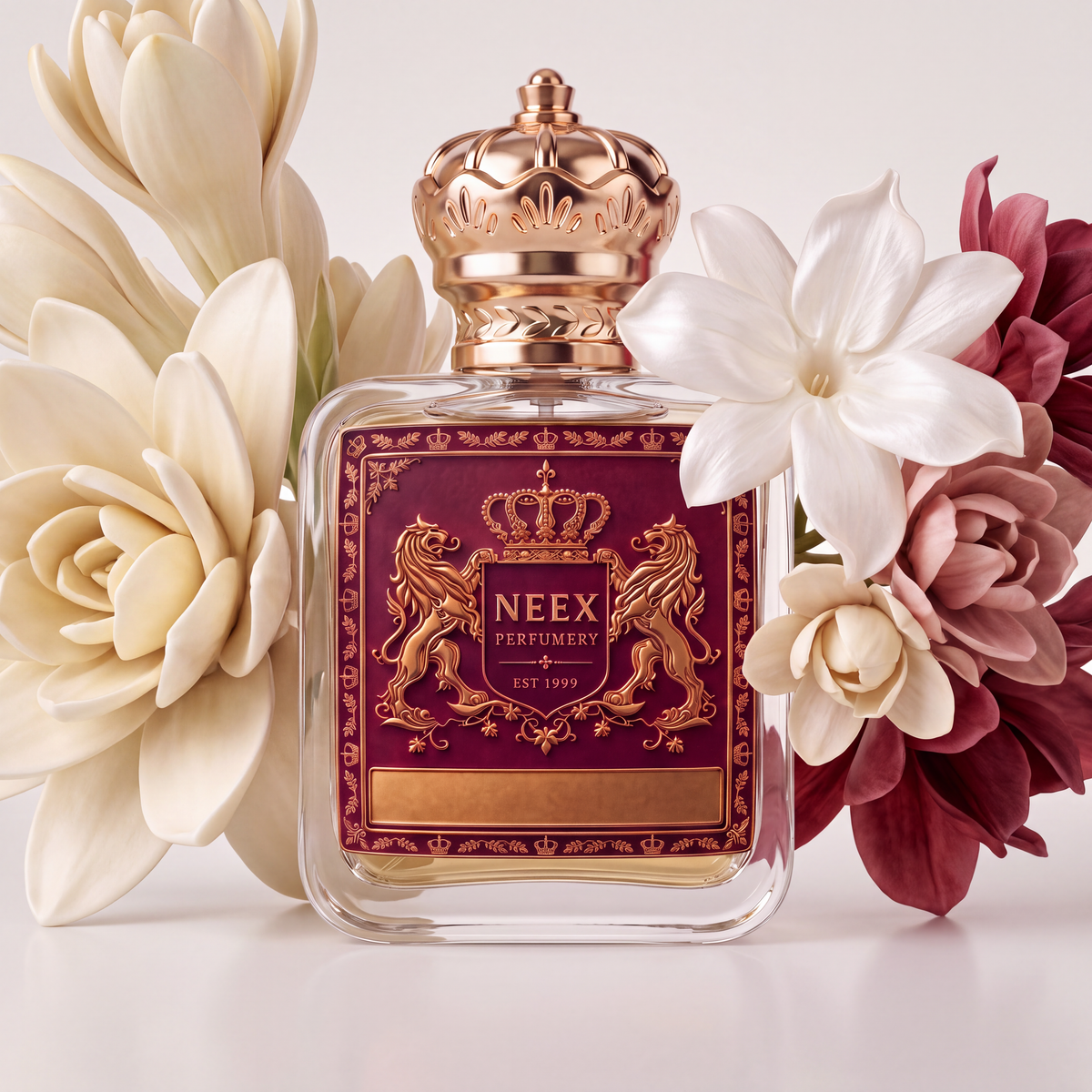 Neex Perfumery perfume bottle topped with a gold crown cap and featuring a deep burgundy-red crest label with gold heraldry, framed by lush creamy-white gardenia petals, delicate white star-shaped jasmine, and dee