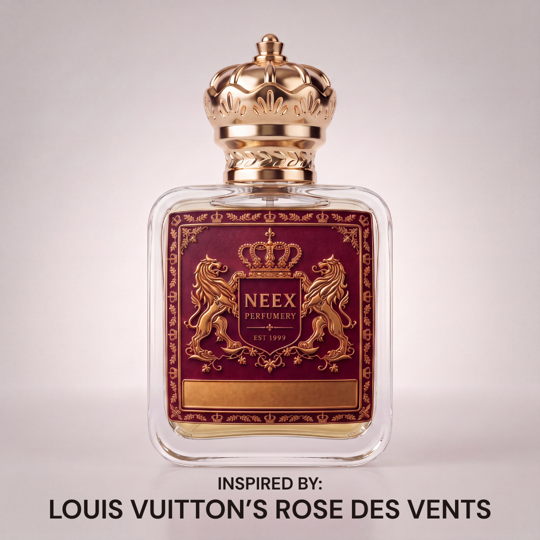 Neex Perfumery perfume bottle featuring a gold crown cap and deep maroon crest label, displayed against a clean, neutral studio background with text below indicating it is inspired by Louis Vuitton's Rose des Vents.