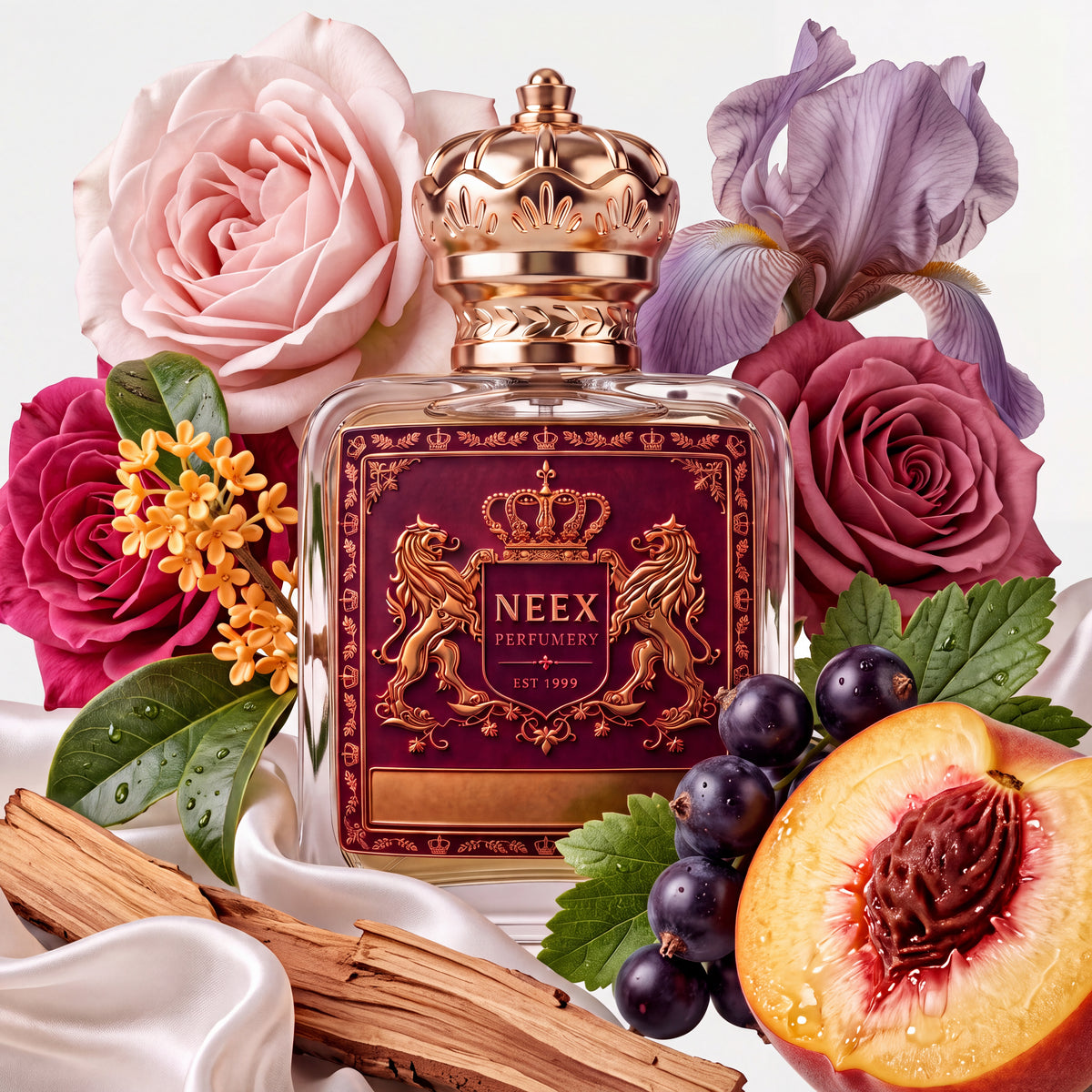 Neex Perfumery fragrance bottle styled in an ingredient flat-lay surrounded by soft pink and deep red roses, a purple iris bloom, small orange blossom flowers, dark blackcurrants, a halved fresh peach, and pieces of aromatic wood on draped white silk fabric.