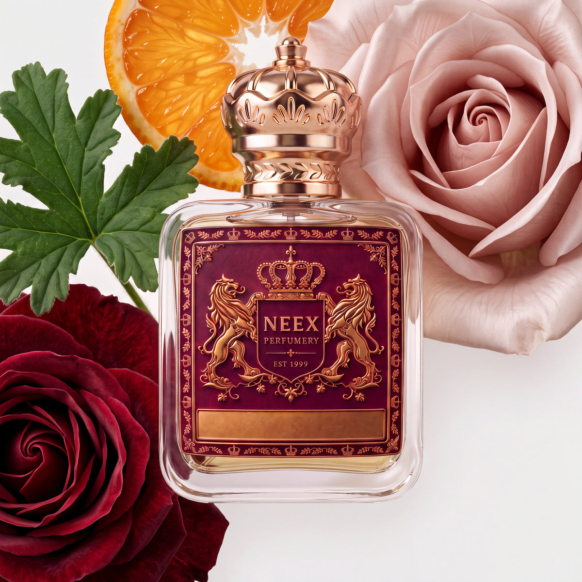 A clear glass perfume bottle with a metallic rose-gold crown cap and a deep burgundy label featuring gold lions and the brand name NEEX PERFUMERY. The bottle is styled with a pink rose, a red rose, green leaves, and an orange slice on a clean white background.
